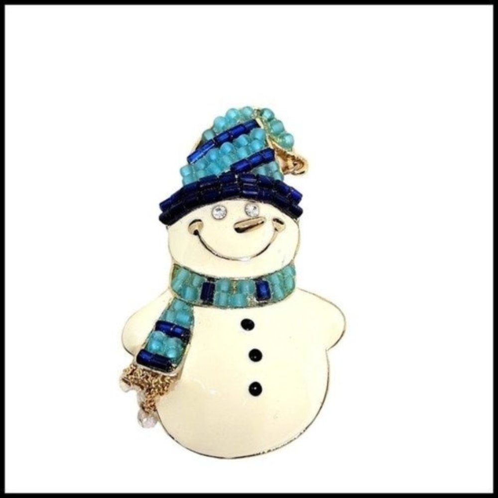 Vintage Liz Claiborne Enamel Christmas Smiling Snowman Beads Brooch Pin